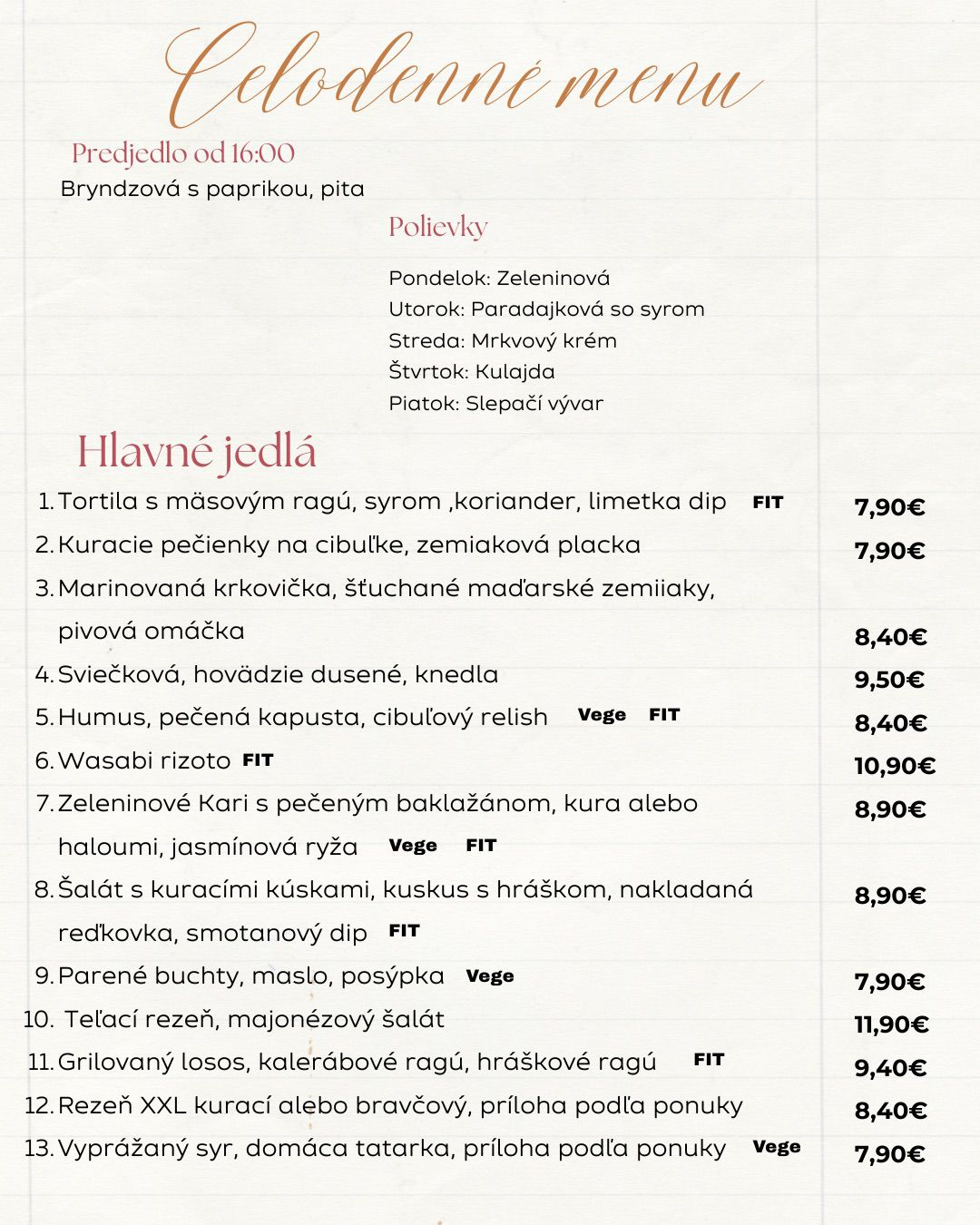 Celodenné menu - Hlavné jedlá