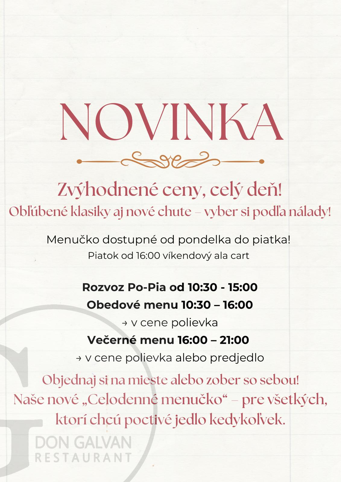NOVINKA - Zvýhodnené ceny, celý deň