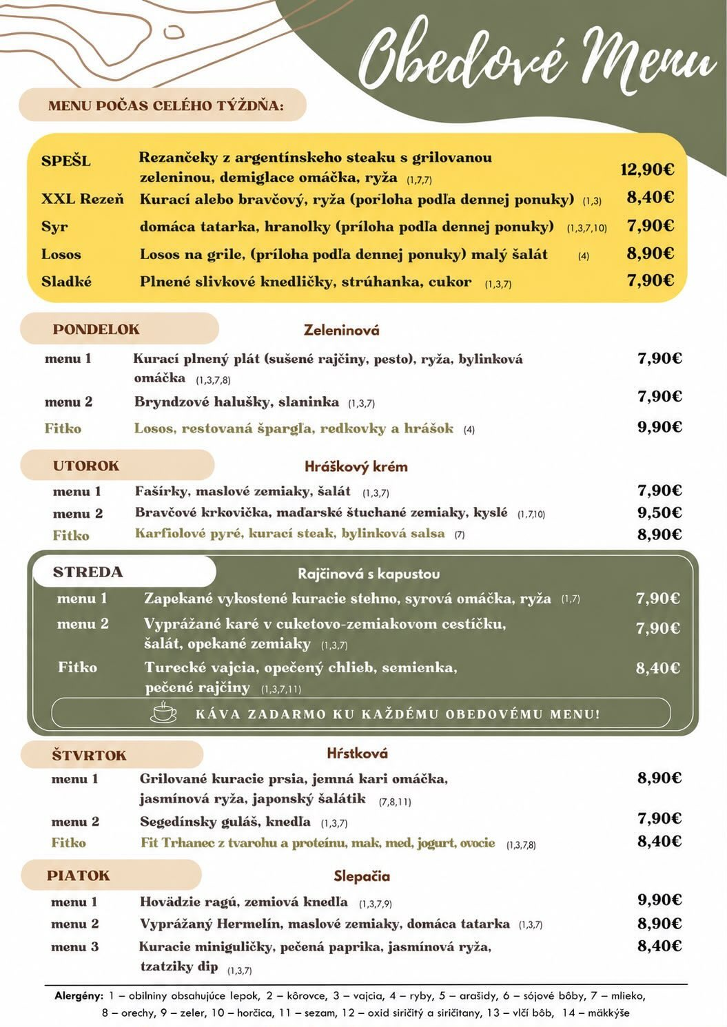Obedové Menu - Týždenné menu